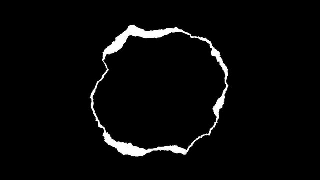Circular frame with torn paper edges, black background, 4K motion graphics video.