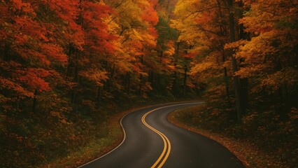 Naklejka premium Serene autumn road through forest