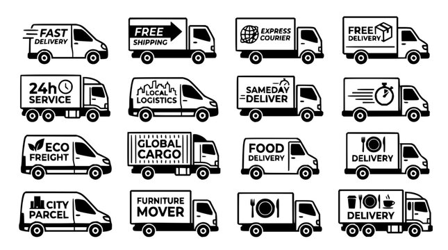 Delivery trucks set with various vehicle types featuring express delivery, same day delivery, eco freight, city parcel with food delivery and furniture mover
