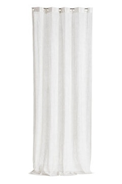 Single white sheer curtain with a textured fabric and metal grommets hangs vertically on a clean white background
