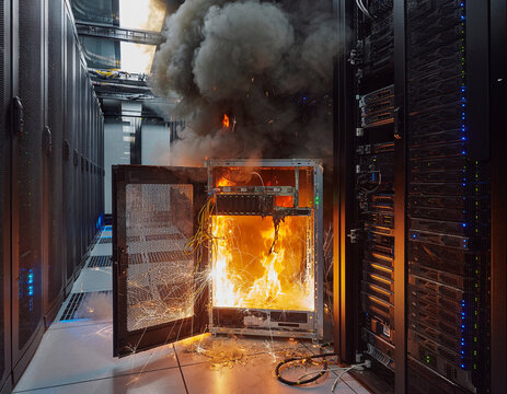Fire and sparks erupt from a burning server unit inside a modern data center corridor. Smoke and flames engulf the damaged hardware during a critical equipment failure and electrical disaster.