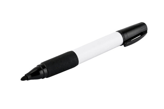 Single black permanent marker with a white barrel and textured grip, photographed on a clean white background