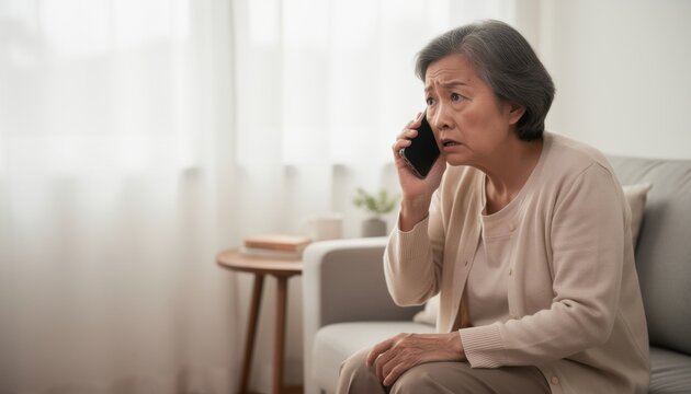 Concerned Senior Woman on the Phone: An elderly Asian woman sits on a sofa, holding a smartphone to her ear with a look of worry and confusion on her face.