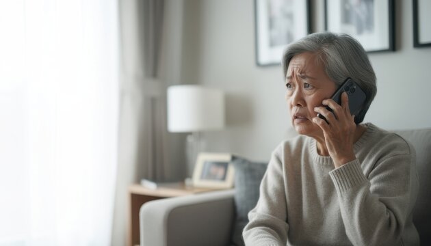 Anxious Elder on Phone Call: An elderly woman with a look of distress and concern speaks on her mobile phone, seated on a couch in a dimly lit room, conveying a sense of worry and isolation.