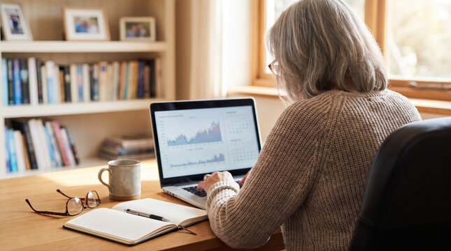 Senior mature woman analyzing stock market investment and retirement finance charts on laptop at wooden desk in cozy home office