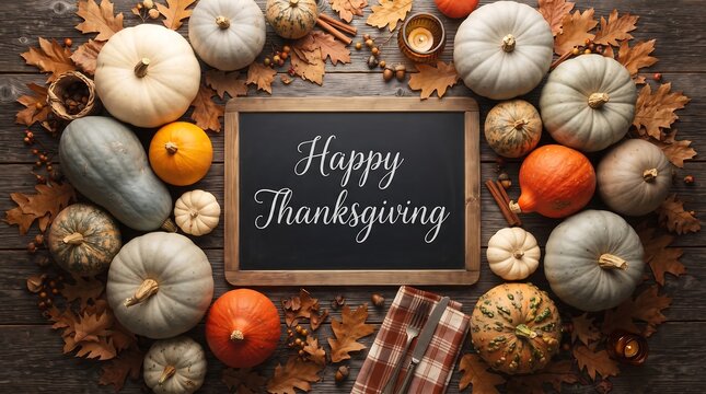 Handwritten Happy Thanksgiving chalkboard sign surrounded by autumn harvest pumpkins and gourds