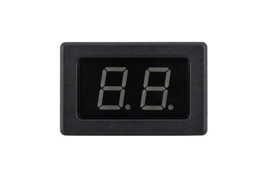 Black rectangular digital display with two blank eight-segment digits and two decimal points is centered on a white background