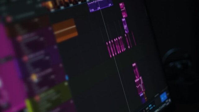 Close-up of a computer monitor displaying the interface of video and audio editing software. The timeline shows sound tracks, waveforms, and video clips being processed in a modern workstation