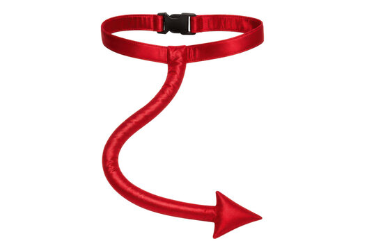 Vibrant red satin devil tail costume accessory with a black plastic buckle is isolated on a clean white background