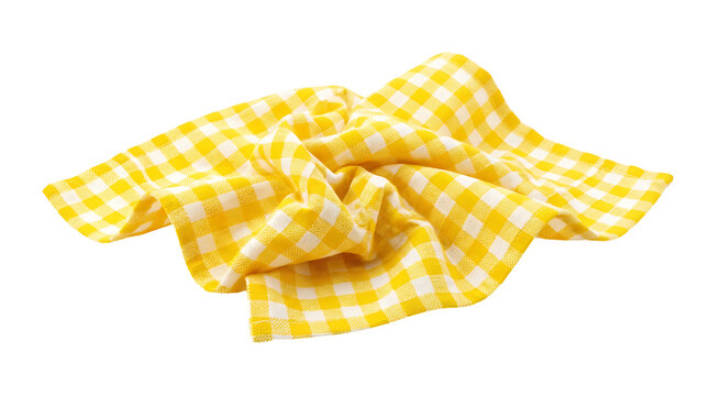 Yellow and white checkered fabric napkin isolated on transparent background for culinary design projects