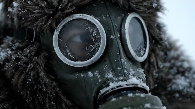 Closeup of a survivor in a gas mask and fur hood in a frozen winter wasteland. Perfect for post-apocalyptic, dystopian, and survival concepts