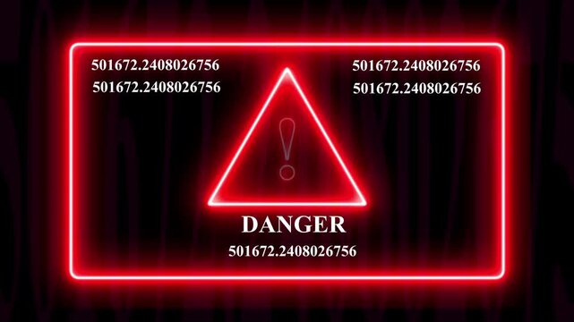 Digital danger warning sign with glowing red neon frame and rapidly changing mathematical data coordinates for insecurity, system breach, network intrusion, and high-tech security alert ...