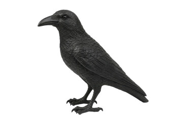 Fototapeta premium Detailed black raven figurine with textured feathers and sharp claws, standing on a clean white background