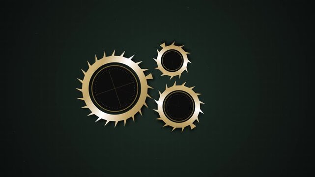 Abstract golden gears rotating on dark technical grid background representing industrial synergy