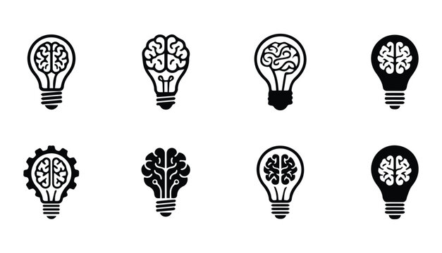 Black and white of light bulbs with brain patterns inside thinking