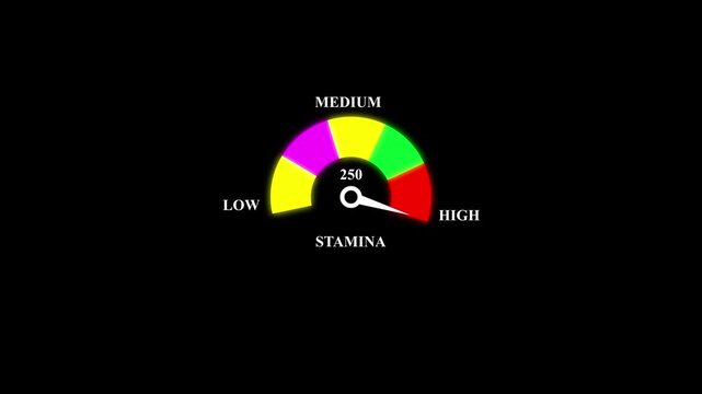 Dynamic stamina level progress bar animation featuring a moving indicator slider transitioning from low to energy states for gaming Ui, fitness tracking apps, and 
