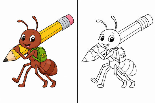 Cute cartoon ant carrying big pencil wearing backpack, kids educational back to school coloring page vector illustration
