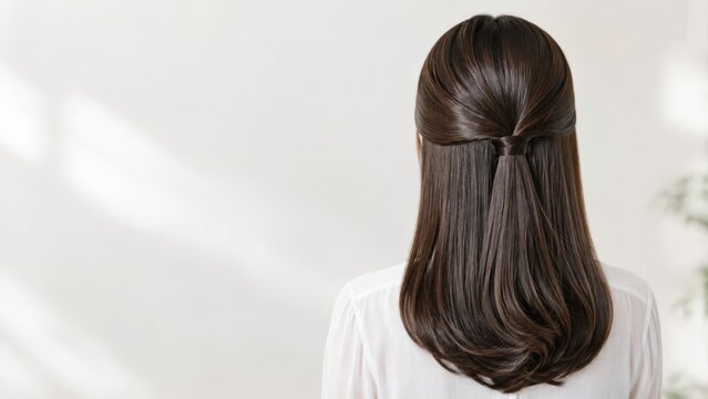 まとまりと艶のある美しいロングヘアの女性を後ろから見た美容イメージ