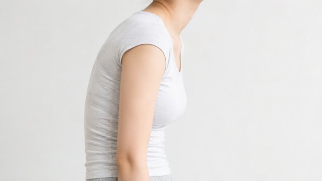 猫背で前かがみになった女性の横向き姿勢・姿勢改善イメージ