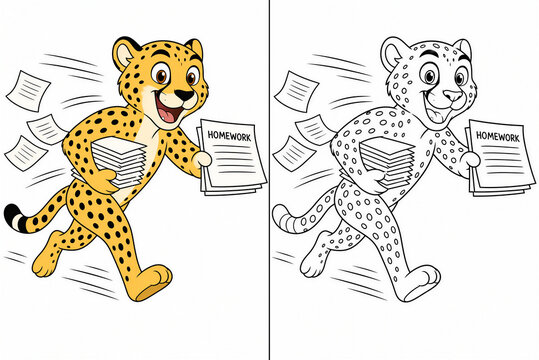 Fast cartoon cheetah running with homework papers, kids educational school activity book coloring page vector illustration