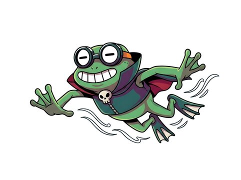 Cartoon frog superhero flying with goggles and cape