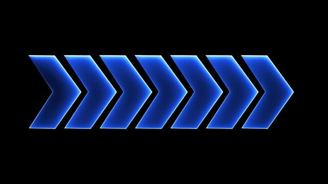 Blue bright color light neon arrow pointer pointing right with glowing effect on transparent background for design son black background
