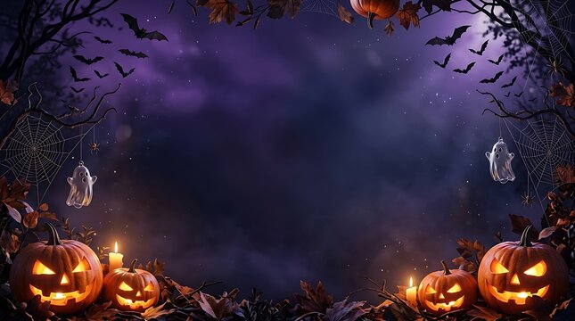 Spooky halloween background featuring glowing jack o lanterns and dark silhouettes of trees under a purple night sky