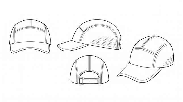 5 Panel Performance Running Cap Technical Drawing Vector Template - Front Side Back and Perspective Views