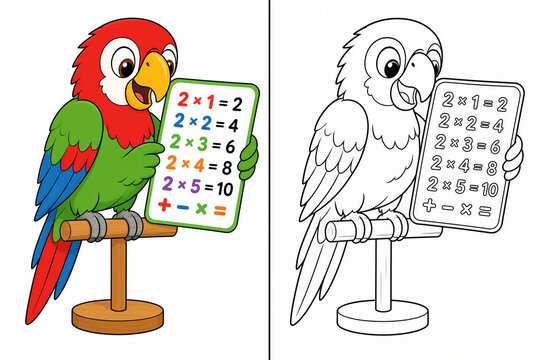 Cute cartoon parrot holding multiplication math board with color guide, kids educational activity book coloring page vector.