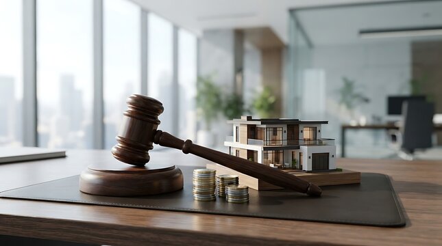 Wooden judge gavel with a miniature house model and stacks of coins on a desk in a modern office, representing real estate law and property investment