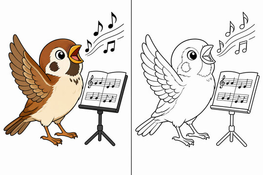 Cute cartoon sparrow singing music with sheet stand and color guide, kids educational activity book coloring page.