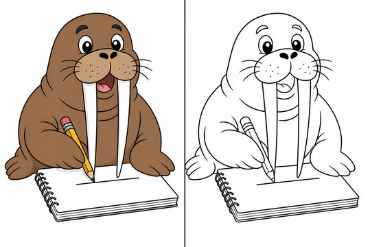 Cute cartoon walrus writing with pencil on notepad with color guide, kids educational activity book coloring page.