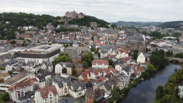 Aerial View of Marburg in Hesse, Germany 4k	 Town and Travel Destination Concept