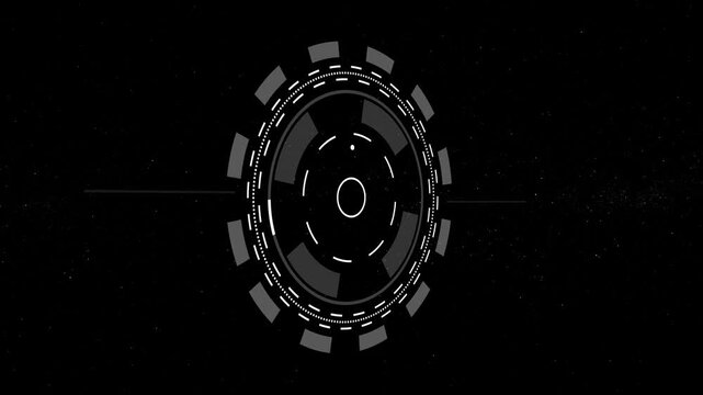 futuristic holographic UI with defocused left interface and sharp right circular HUDs, glowing lines, rotating cursors, and updating digits as the camera sweeps from left to center