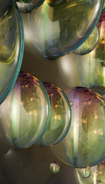 Glass bubbles with colorful reflections and abstract round shapes