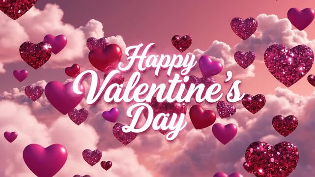 Happy Valentines Day text with floating pink hearts and clouds