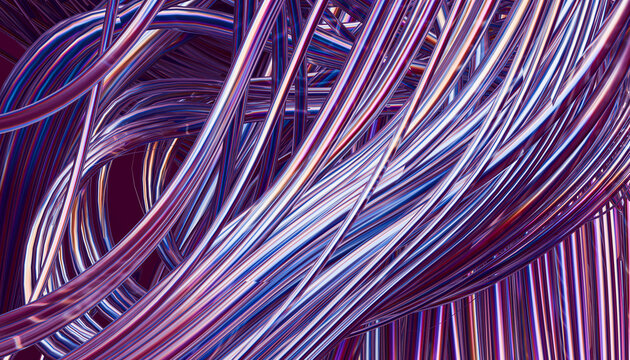 Tangled shiny metallic wires with blue and purple reflections