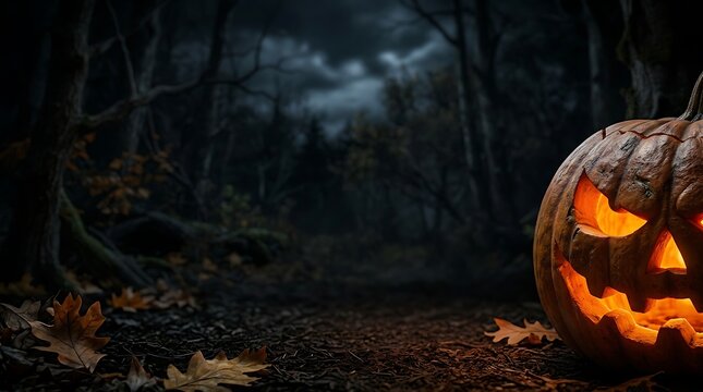 A spooky glowing jack o lantern sits in a dark mysterious forest during a foggy autumn halloween night