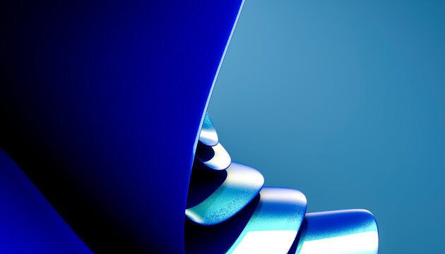 Blue abstract curved metal sculpture with layered design in studio