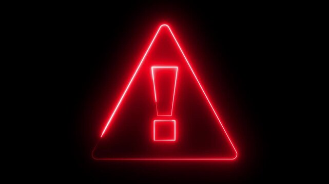 Neon warning attention sign icon animation glowing red color danger error alert risk stop sign emergency sign icon sign symbol on black background
