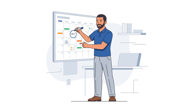 Man planning on a calendar board, vector illustration of time management and business strategy in office setting
