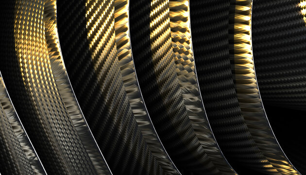 Close-up of textured carbon fiber bands with gold light reflection