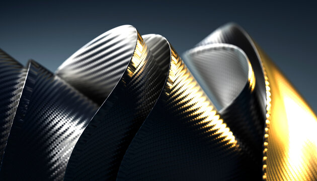 Close-up of twisted carbon fiber ribbons with Black and gold metallic