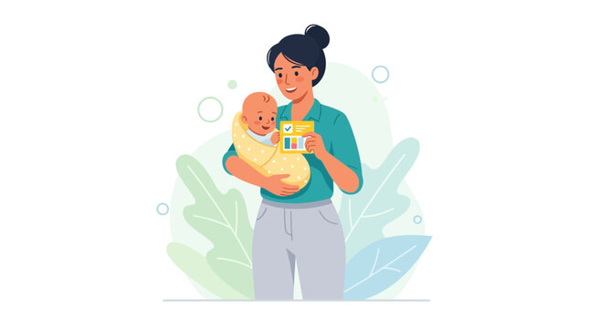 Mother holding baby and vaccination record, concept of child health and immunization