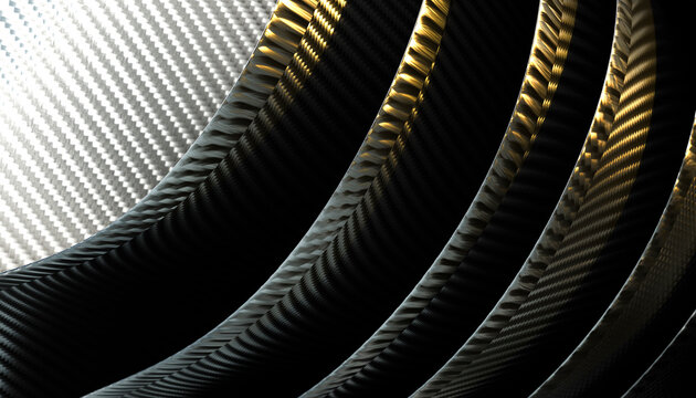 Curved carbon fiber rings with textured woven pattern and gold