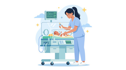 Fototapeta premium Nurse Cares for Newborn in Incubator with Medical Equipment, Vector Illustration
