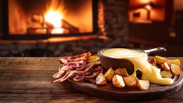 Melted bubbling raclette cheese over roasted potatoes with blurred chalet background banner.