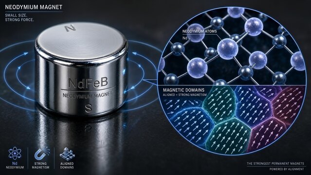 Neodymium magnet silver block with a zoomed scientific inset showing neodymium atoms and aligned magnetic domains inside the metal structure