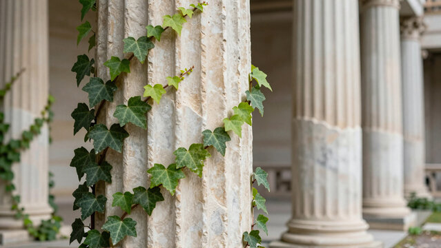 Ivy climbs weathered ancient Greek and Roman pillars in a classical marble colonnade