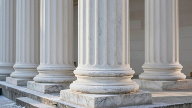 Frost-covered marble pillars display classical Greek and Roman architectural symmetry in winter